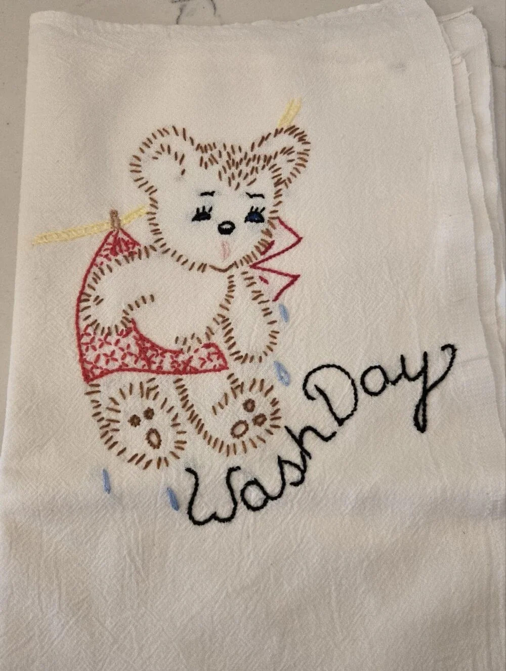 Vintage Embroidered Bears Lot Of 3 Cotton Dish Tea Towels Large 32 x 32 Inches